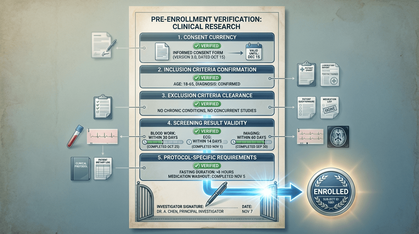 Conceptual illustration of a pre-enrollment confirmation checklist showing five verification domains β consent, inclusion criteria, exclusion criteria, screening validity, and protocol requirements β flowing through an investigator sign-off gate toward enrollment