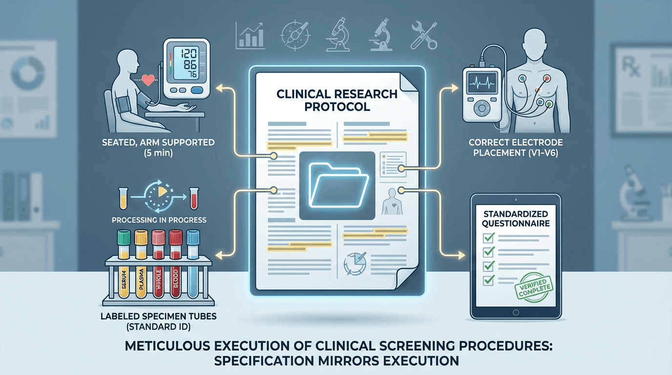 Conceptual illustration of clinical screening procedures radiating from a central protocol document, showing vital signs, ECG, laboratory specimens, and questionnaires each connected to their specific protocol requirements