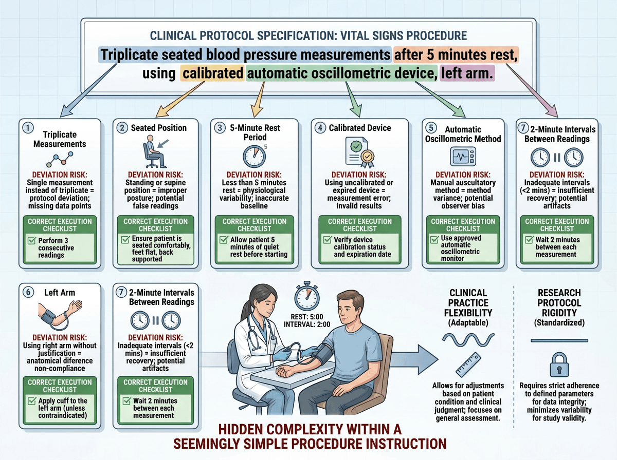 Infographic parsing a vital signs protocol specification into seven distinct requirements β triplicate measurements, seated position, 5-minute rest, calibrated device, oscillometric method, left arm, 2-minute intervals β each annotated with the protocol deviation risk if that specification is missed