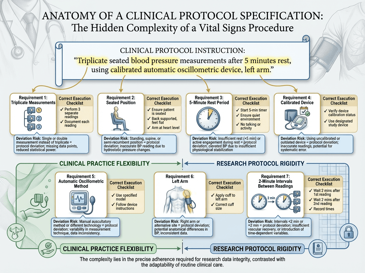Infographic parsing a vital signs protocol specification into seven distinct requirements β triplicate measurements, seated position, 5-minute rest, calibrated device, oscillometric method, left arm, 2-minute intervals β each annotated with the protocol deviation risk if that specification is missed