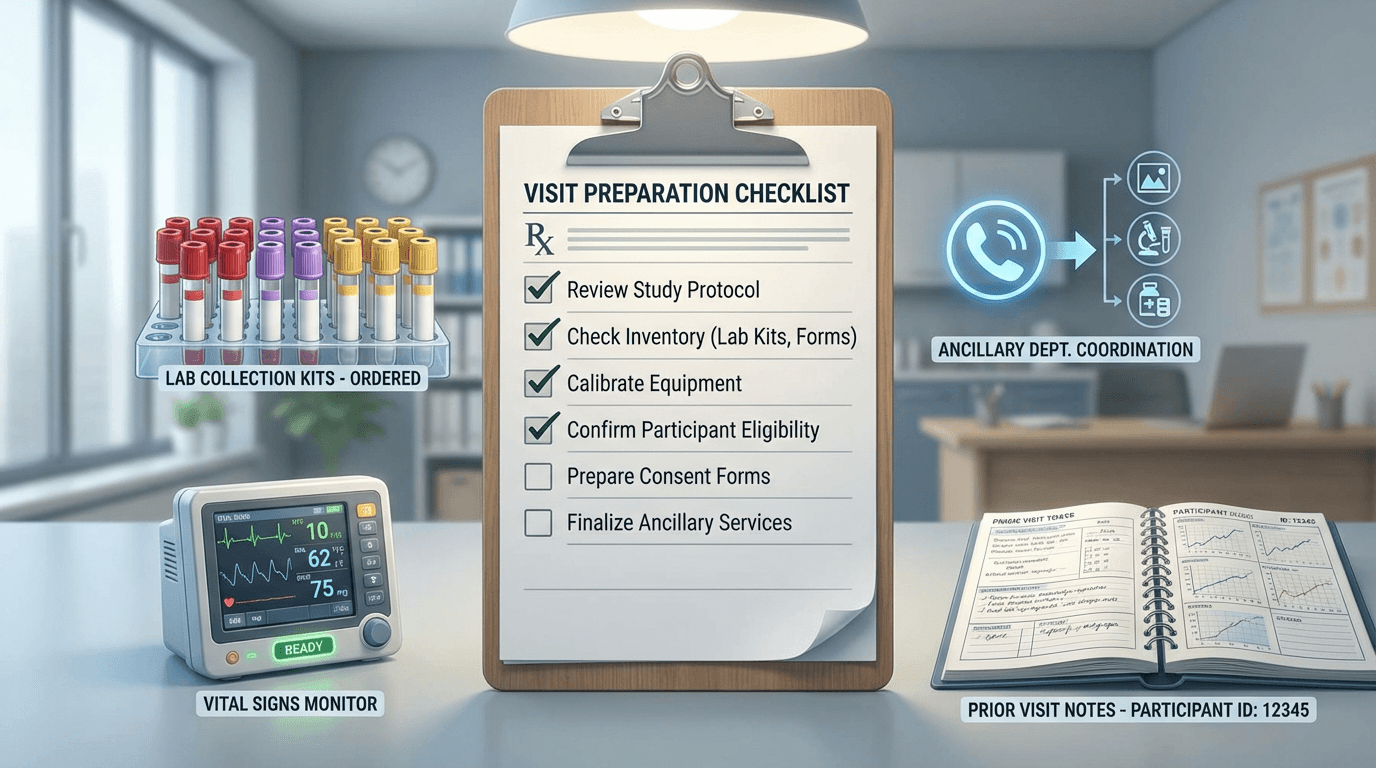 Conceptual illustration of a visit preparation checklist on a clipboard surrounded by lab kit tubes, calibrated equipment, a coordination phone icon, and an open participant chart showing prior visit notes