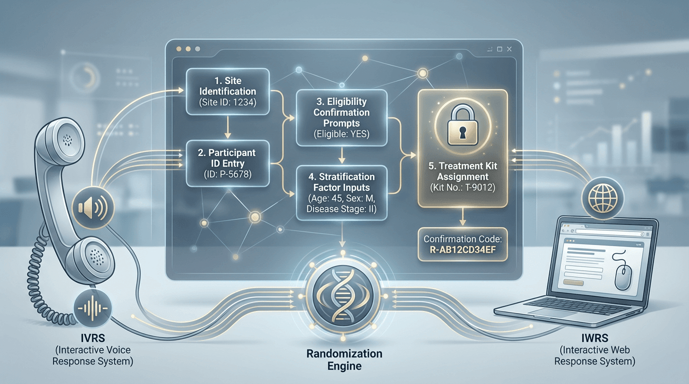 Conceptual illustration of an IVRS/IWRS randomization transaction showing a digital interface with sequential steps from site identification through treatment kit assignment, with a telephone and web portal converging on a central randomization engine and a lock icon representing blinding integrity