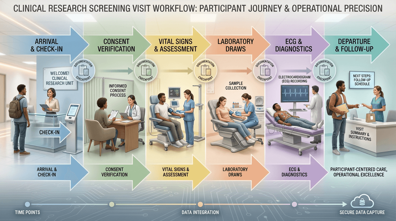 Conceptual illustration of a complete screening visit workflow showing a participant progressing from arrival through consent verification, sequential screening procedures with documentation checkpoints, and departure with follow-up instructions