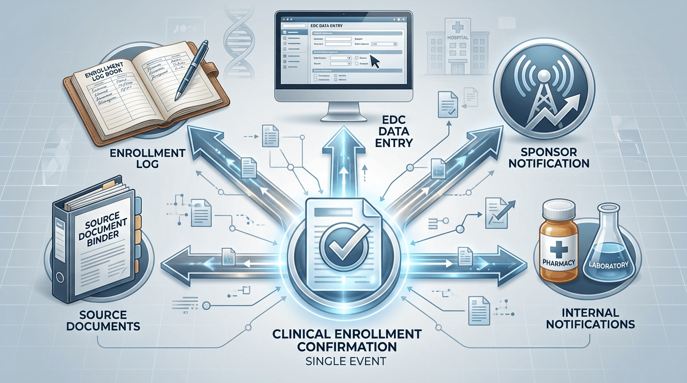 Conceptual illustration of a single enrollment event generating documentation across five parallel systems: enrollment log, source documents, EDC, sponsor notification, and internal site notifications to pharmacy and laboratory