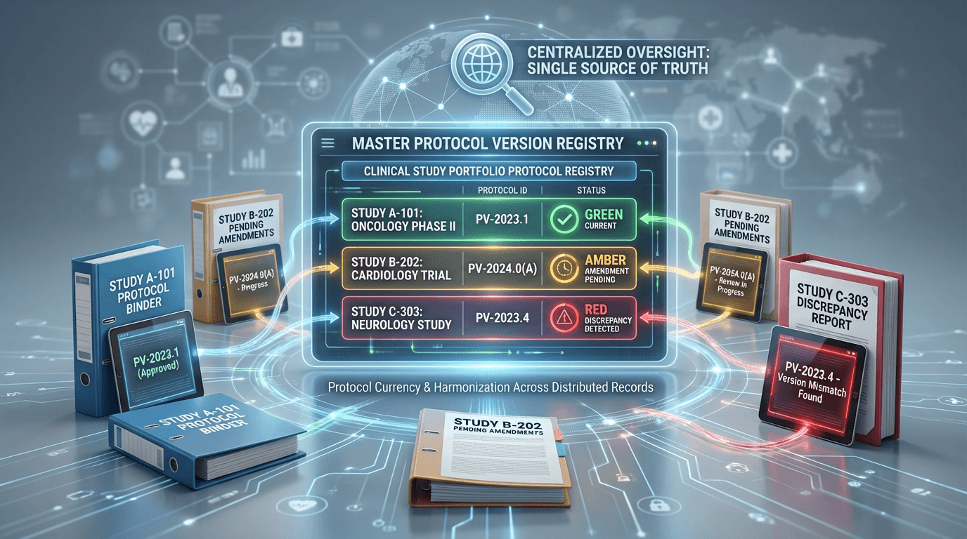 Conceptual illustration of a protocol version registry showing multiple studies with color-coded status indicators linked to individual study binders, conveying centralized version oversight across a portfolio