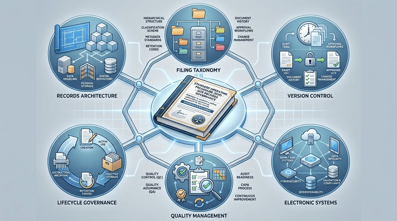 Conceptual illustration of a records management SOP as the central governance document, with structural connections radiating to six operational domains: architecture, taxonomy, version control, electronic systems, quality, and lifecycle