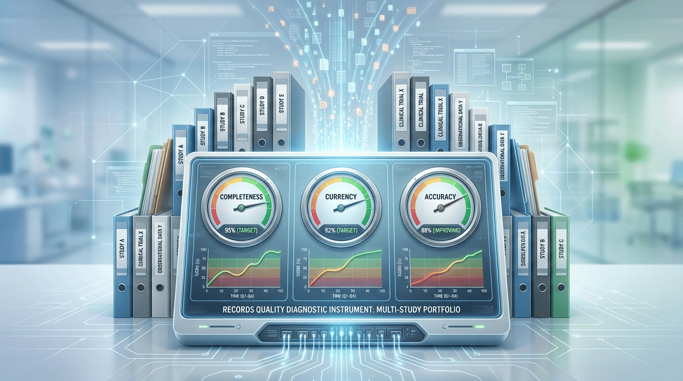 Conceptual illustration of a records quality dashboard displaying three metric gauges for completeness, currency, and accuracy, with trend lines over time and a multi-study portfolio feeding data into the measurement system