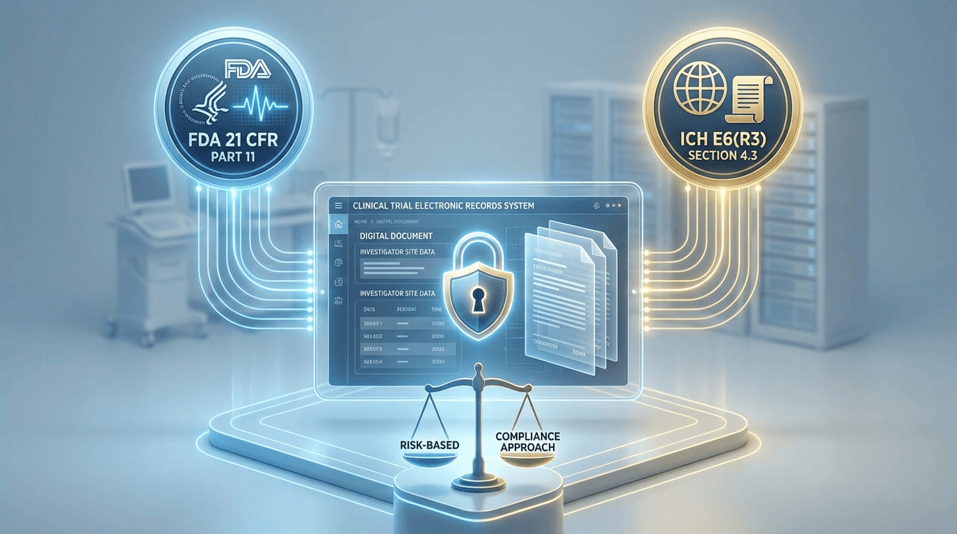 Conceptual illustration of the dual regulatory framework for electronic records, showing FDA 21 CFR Part 11 and ICH E6(R3) Section 4.3 converging on a central electronic system with security, audit trail, and proportionality elements