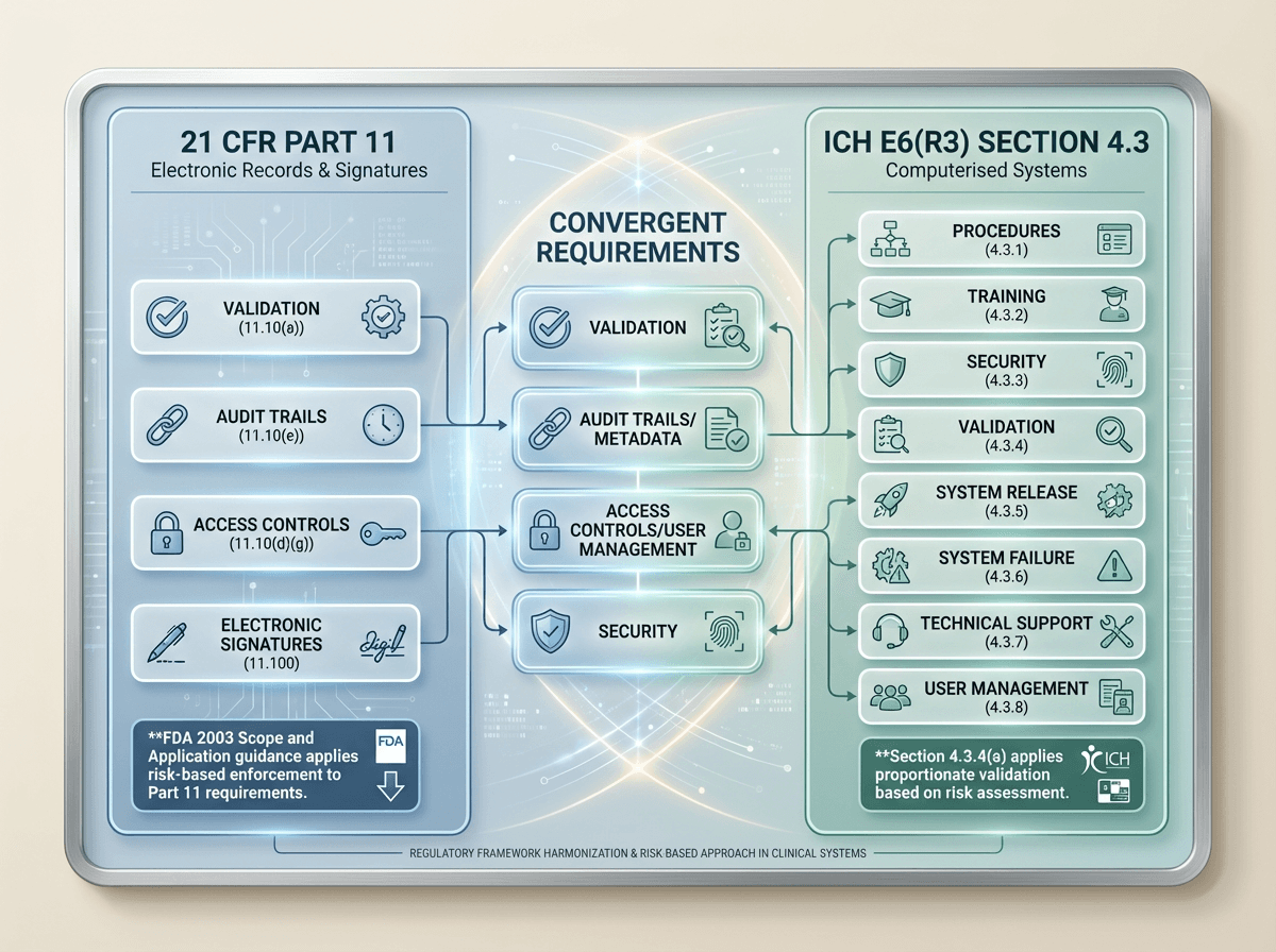 Two-column regulatory framework diagram comparing 21 CFR Part 11 requirements with ICH E6(R3) Section 4.3 subsections, showing a central overlap zone for validation, audit trails, access controls, and security, with notes about risk-based enforcement and proportionate validation