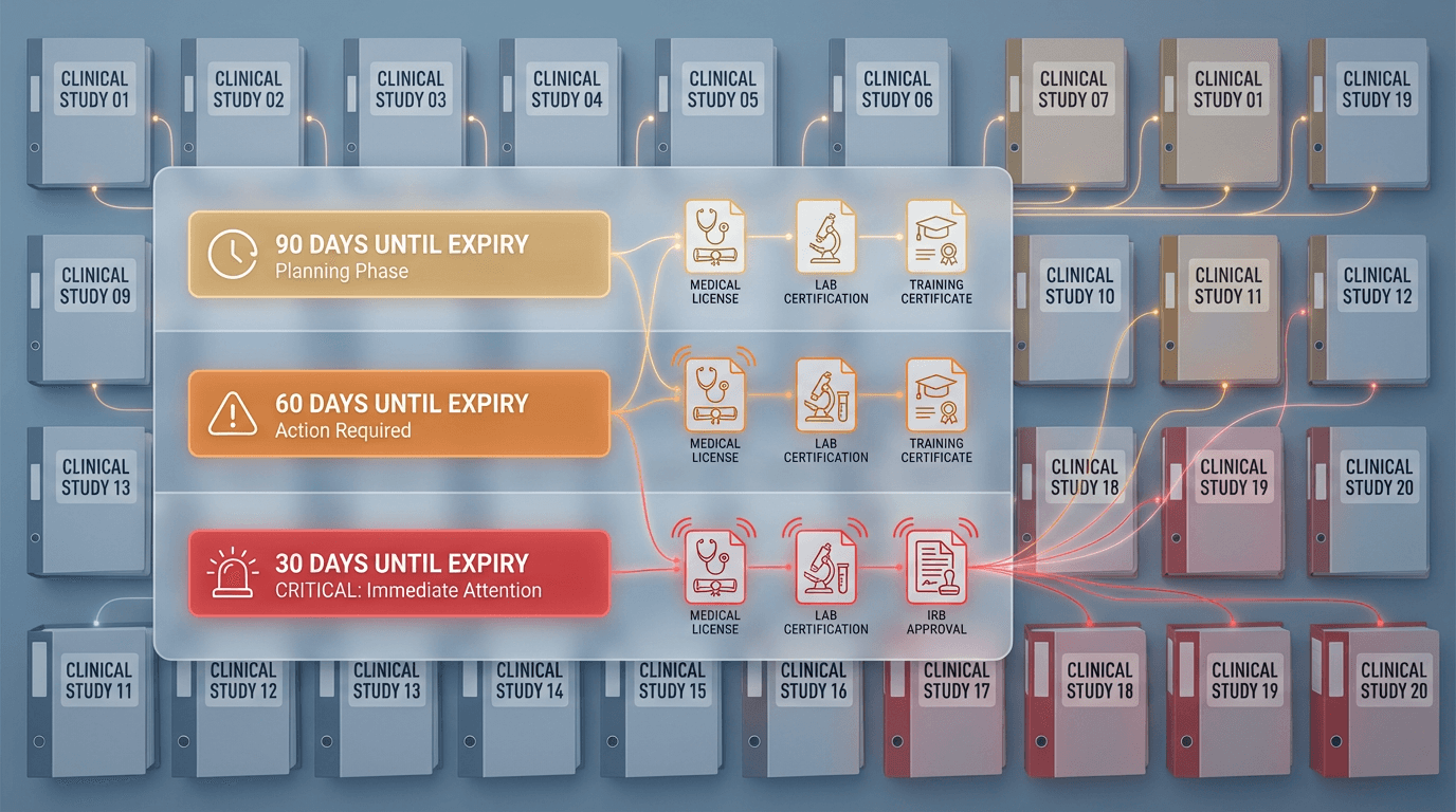 Conceptual illustration of a tiered expiration alert system showing 90-day amber, 60-day orange, and 30-day red notification levels connected to document types and multiple study binders, depicting how one expiring document affects the entire portfolio
