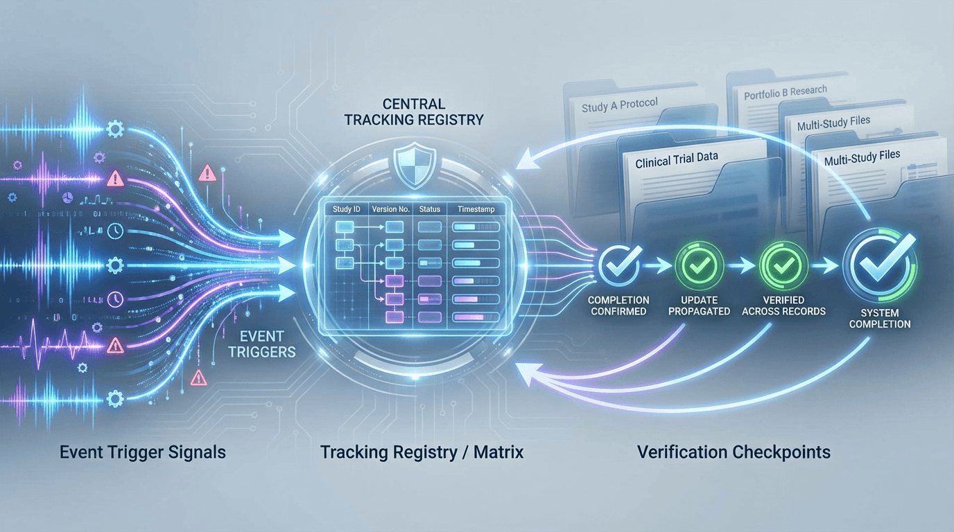 Conceptual illustration of a version control system showing three interconnected components: event triggers feeding into a central tracking mechanism, which connects to verification checkpoints, with multiple study files in the background