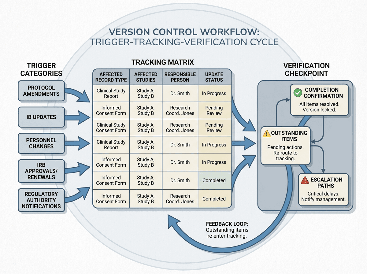 Flowchart showing the version control cycle: five trigger categories feed into a central tracking matrix with columns for affected records, studies, responsible person, and status, which flows to a verification checkpoint with completion confirmation and escalation paths, with a feedback loop returning outstanding items to tracking