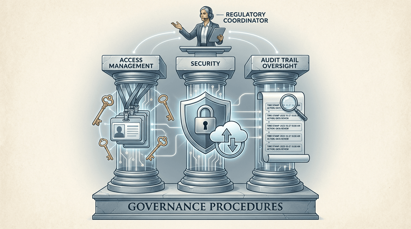 Conceptual illustration of electronic system governance showing three pillars -- access management, security, and audit trail review -- overseen by a regulatory coordinator, forming a durable governance architecture