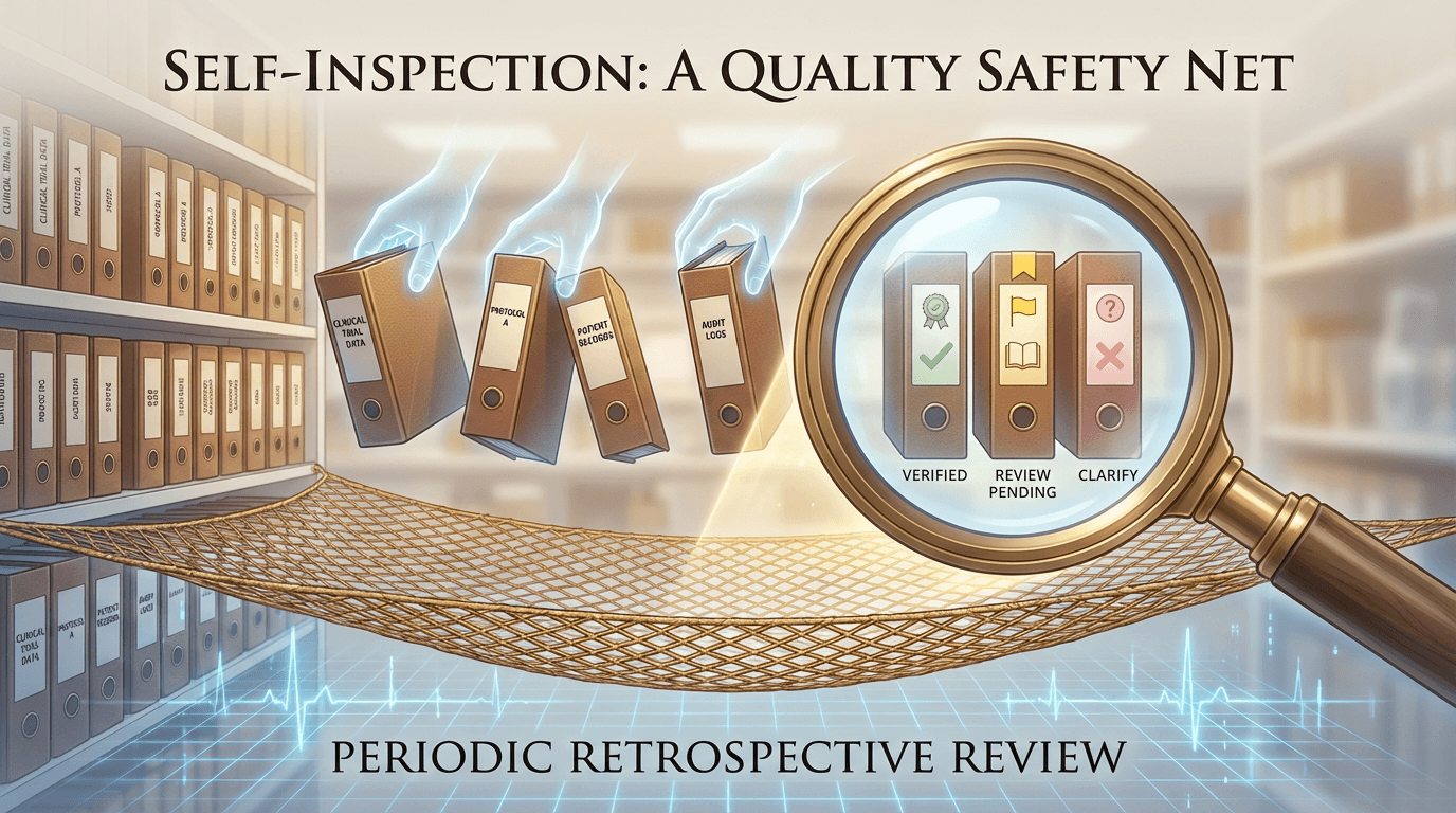 Conceptual illustration of self-inspection as a quality safety net, with selected study binders from a multi-study portfolio being periodically examined through an audit lens to catch deficiencies that daily checkpoints may have missed