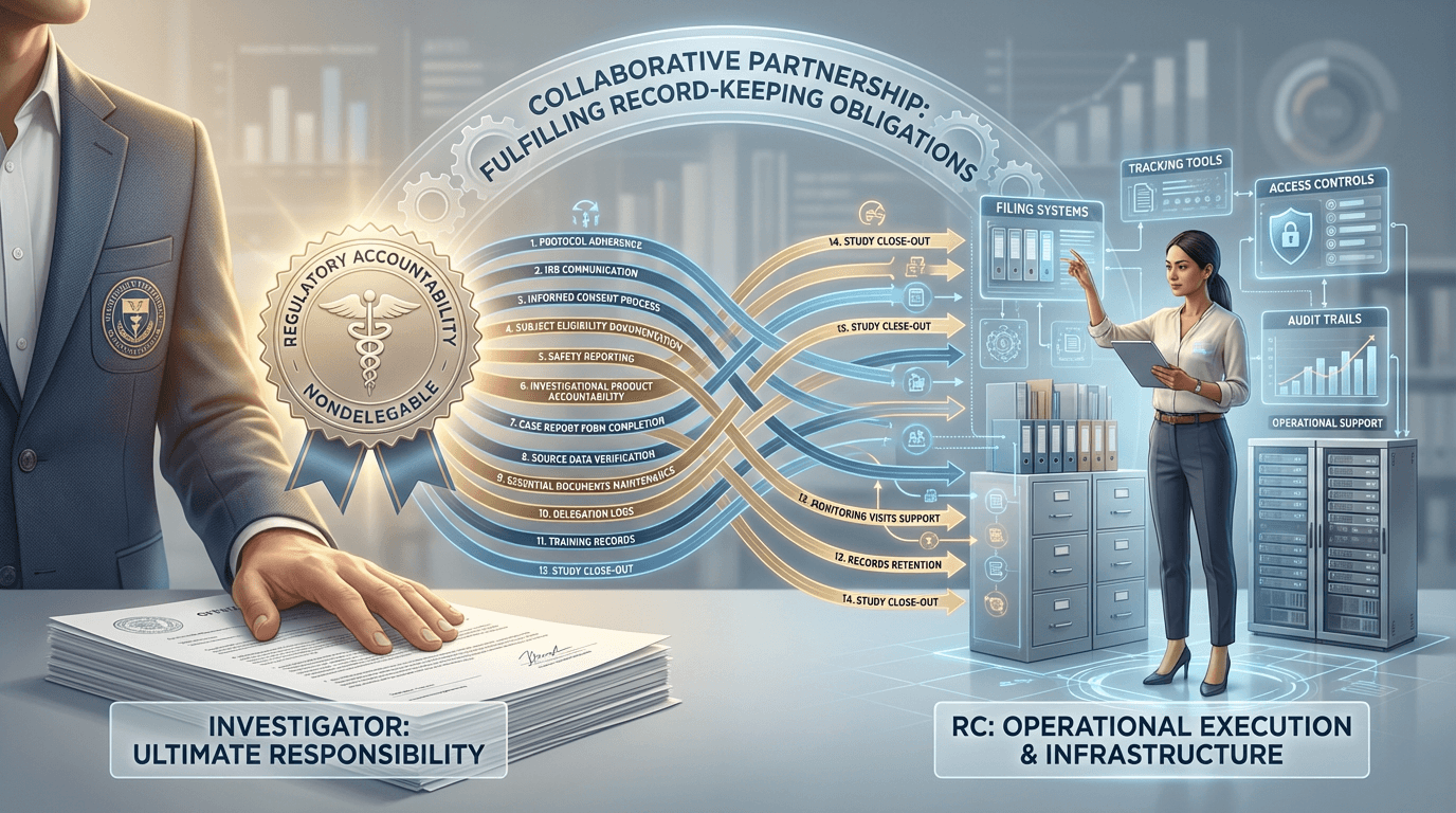 Conceptual illustration showing the principal investigator holding nondelegable regulatory responsibility connected by fourteen obligation lines to the regulatory coordinator who builds the operational infrastructure supporting each requirement