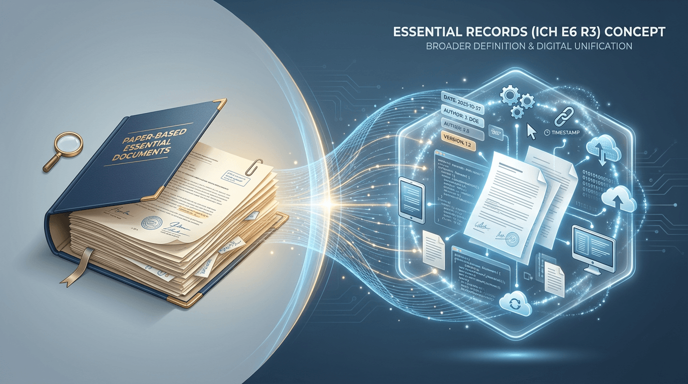 Conceptual illustration showing the expansion from a traditional paper document binder to a broader constellation of documents, electronic data, metadata, and digital records unified under the essential records framework