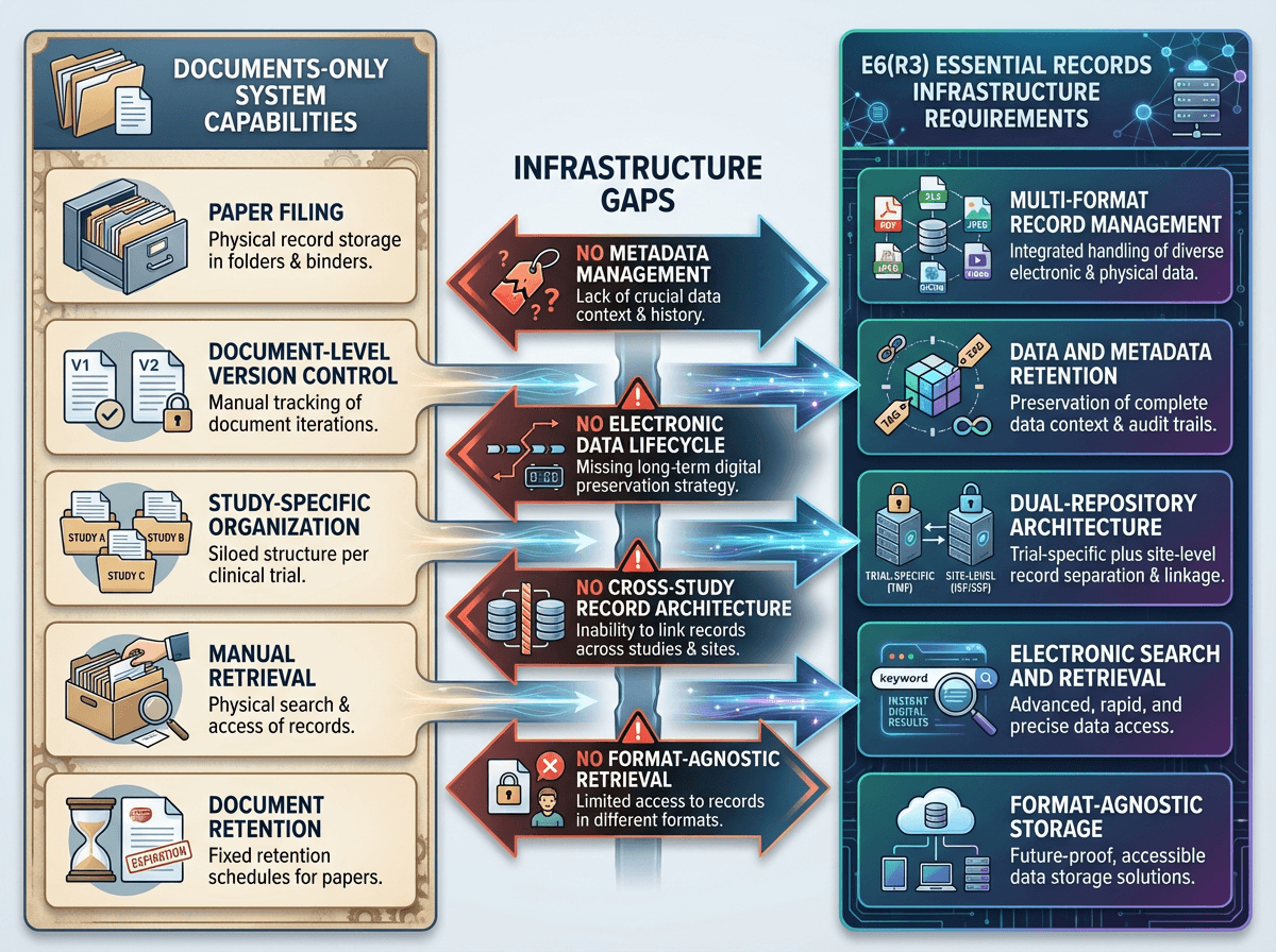 Gap analysis framework showing documents-only infrastructure capabilities on the left, E6(R3) essential records requirements on the right, with arrows highlighting four key gaps: metadata management, electronic data lifecycle, cross-study architecture, and format-agnostic retrieval