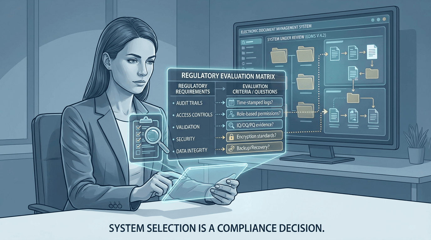 Conceptual illustration of a regulatory coordinator evaluating an electronic document management system through a structured regulatory evaluation framework, with requirement categories mapped to vendor capabilities