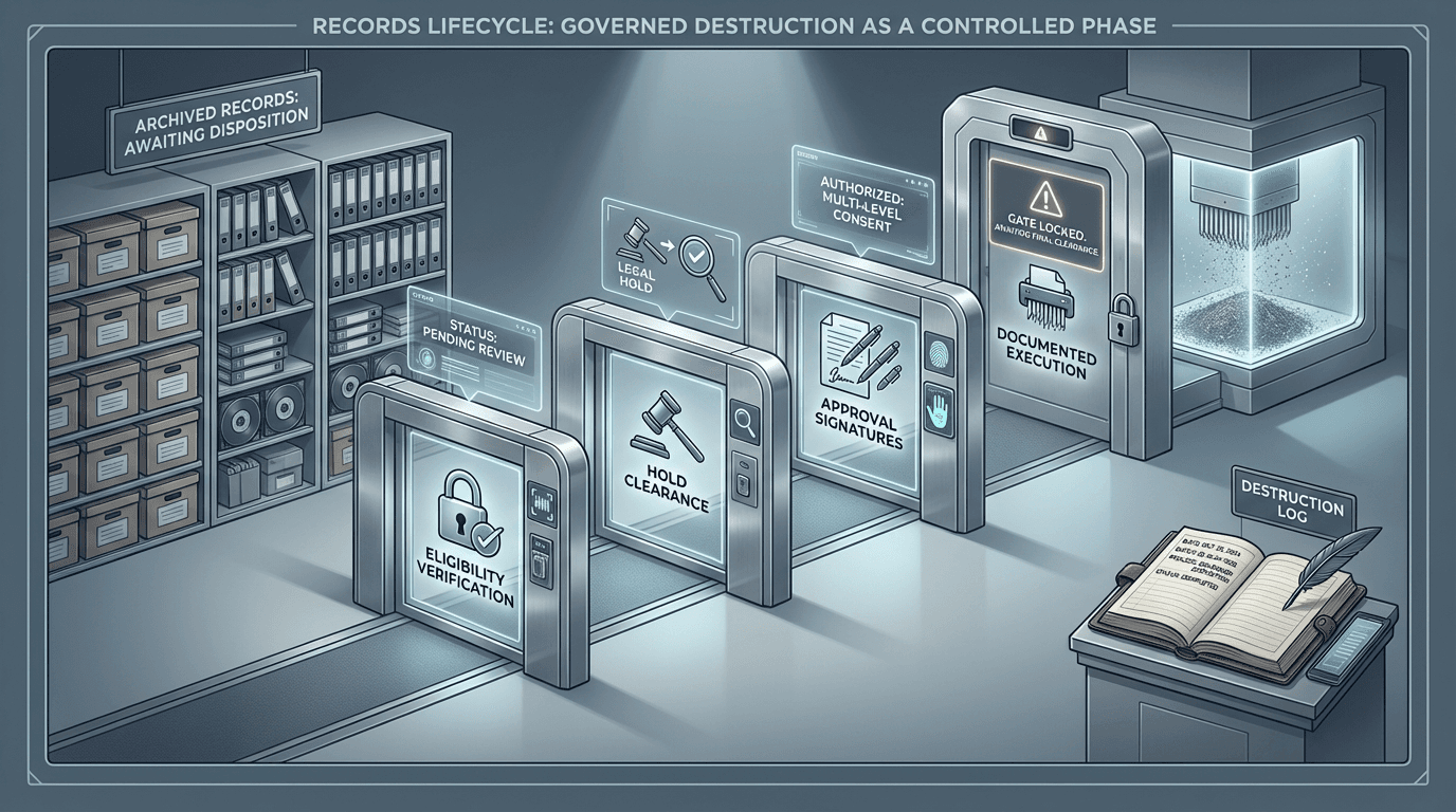 Conceptual illustration showing record destruction as a governed process with sequential checkpoints -- eligibility, hold clearance, approval, and documented execution -- each represented as a locked gate that must be cleared before records reach final disposition