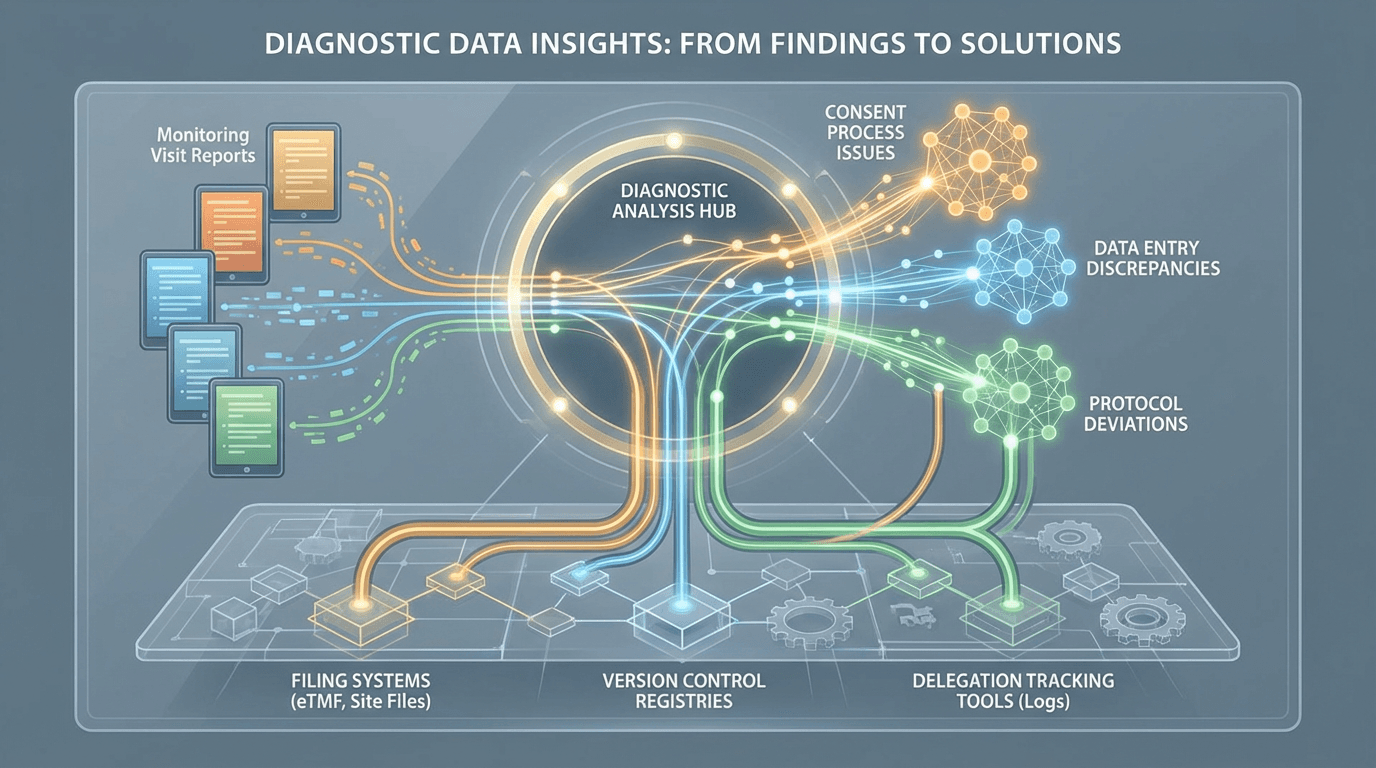 Conceptual illustration of monitoring findings from multiple studies converging at an analysis hub, where pattern analysis reveals that recurring findings trace to shared infrastructure failures rather than isolated individual errors