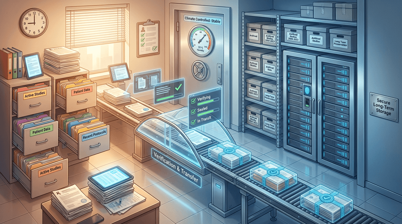 Conceptual illustration showing records transitioning from an active filing system through a verification pathway into secure long-term archival storage