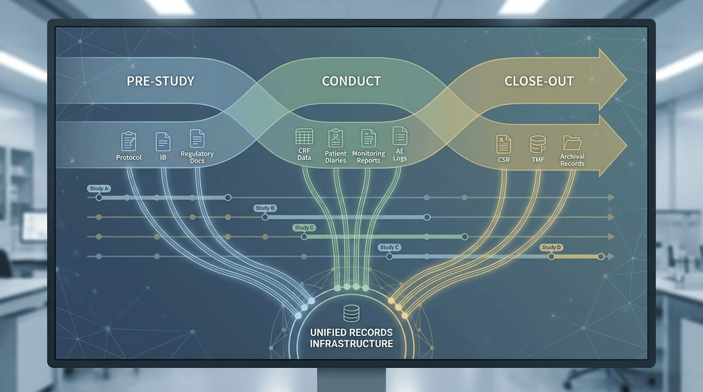 Conceptual illustration showing three clinical trial phases generating distinct record types in parallel, with multiple studies at different lifecycle stages feeding into a unified records infrastructure