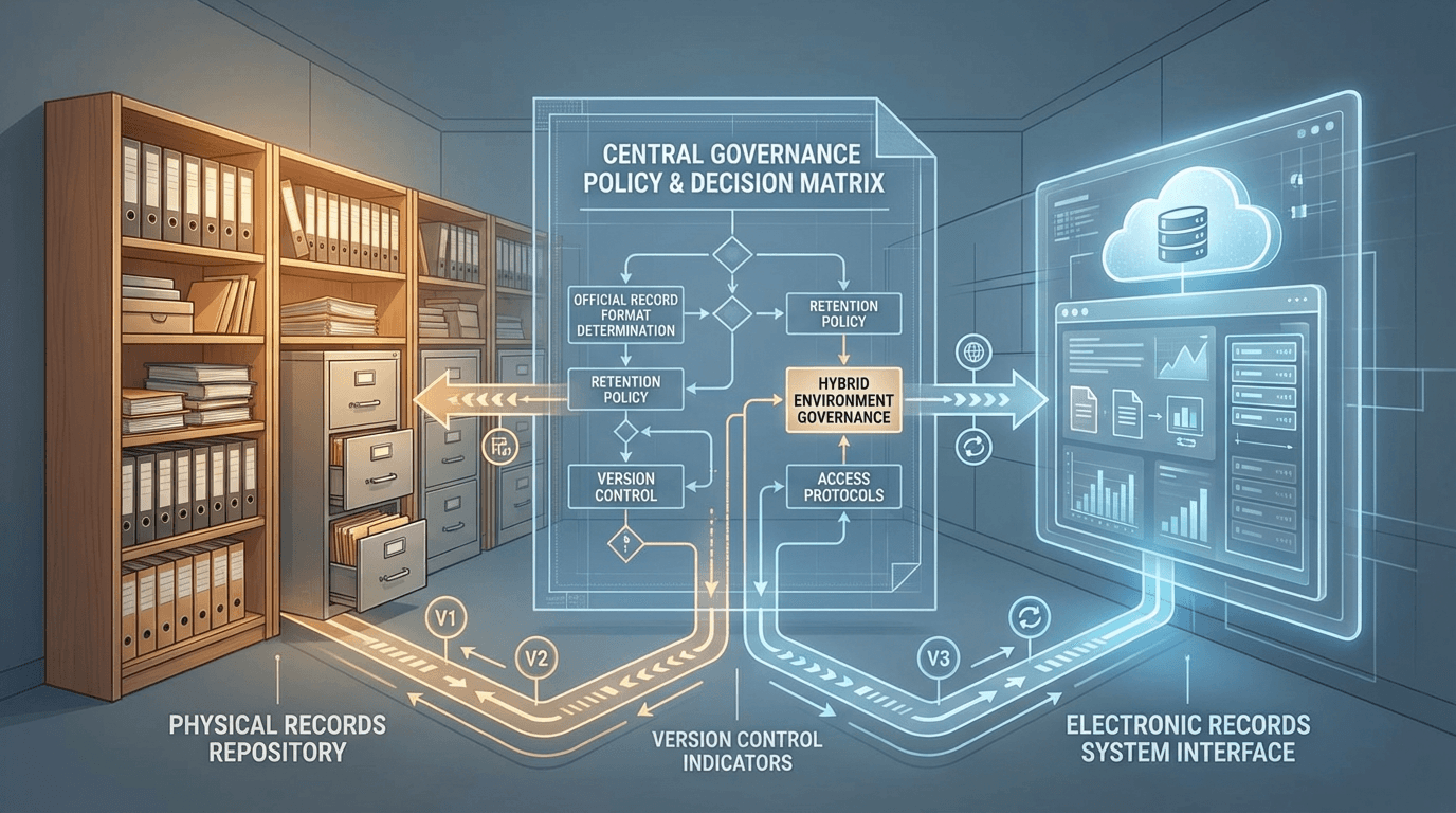 Conceptual illustration of a hybrid records environment with paper and electronic repositories connected by a central governance framework that defines official record designation and version control pathways