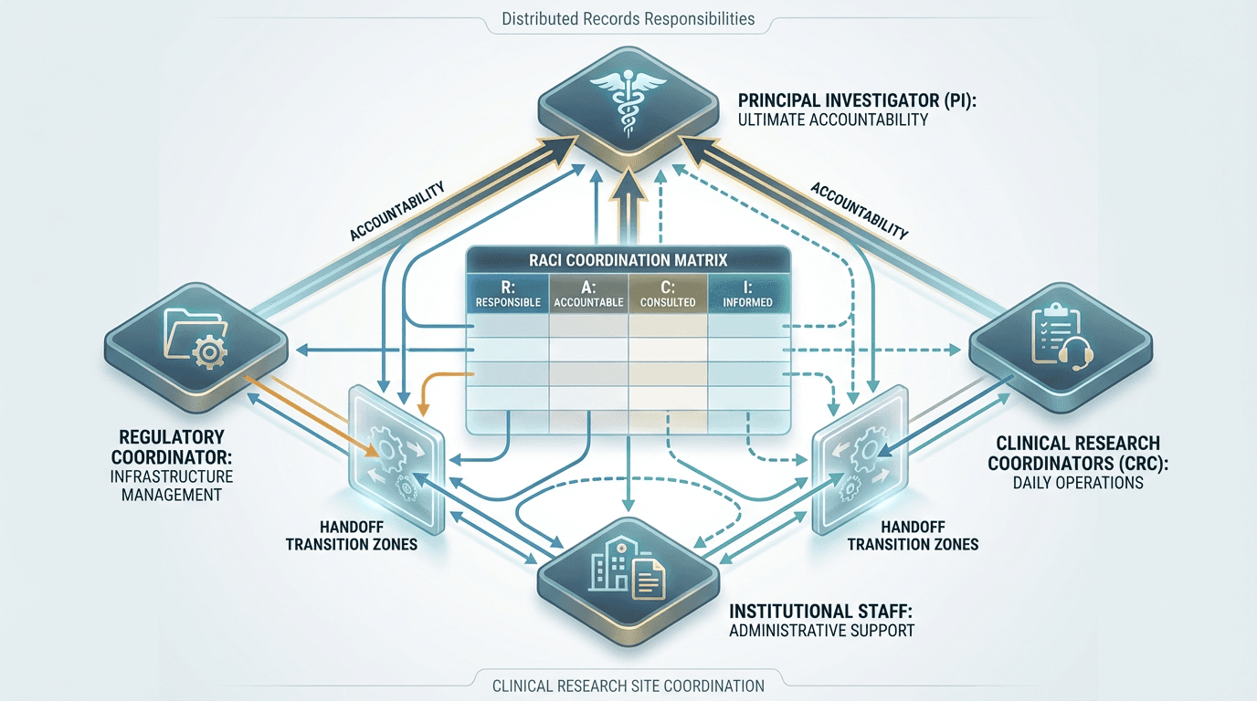 Conceptual illustration of a distributed records responsibility framework showing a central coordination matrix connecting four role nodes -- principal investigator, regulatory coordinator, clinical research coordinators, and institutional staff -- with defined handoff points between them