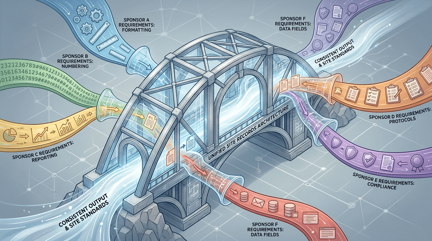 Conceptual illustration of a unified site records infrastructure absorbing six different sponsor requirement streams through defined integration points, maintaining structural consistency despite diverse inputs