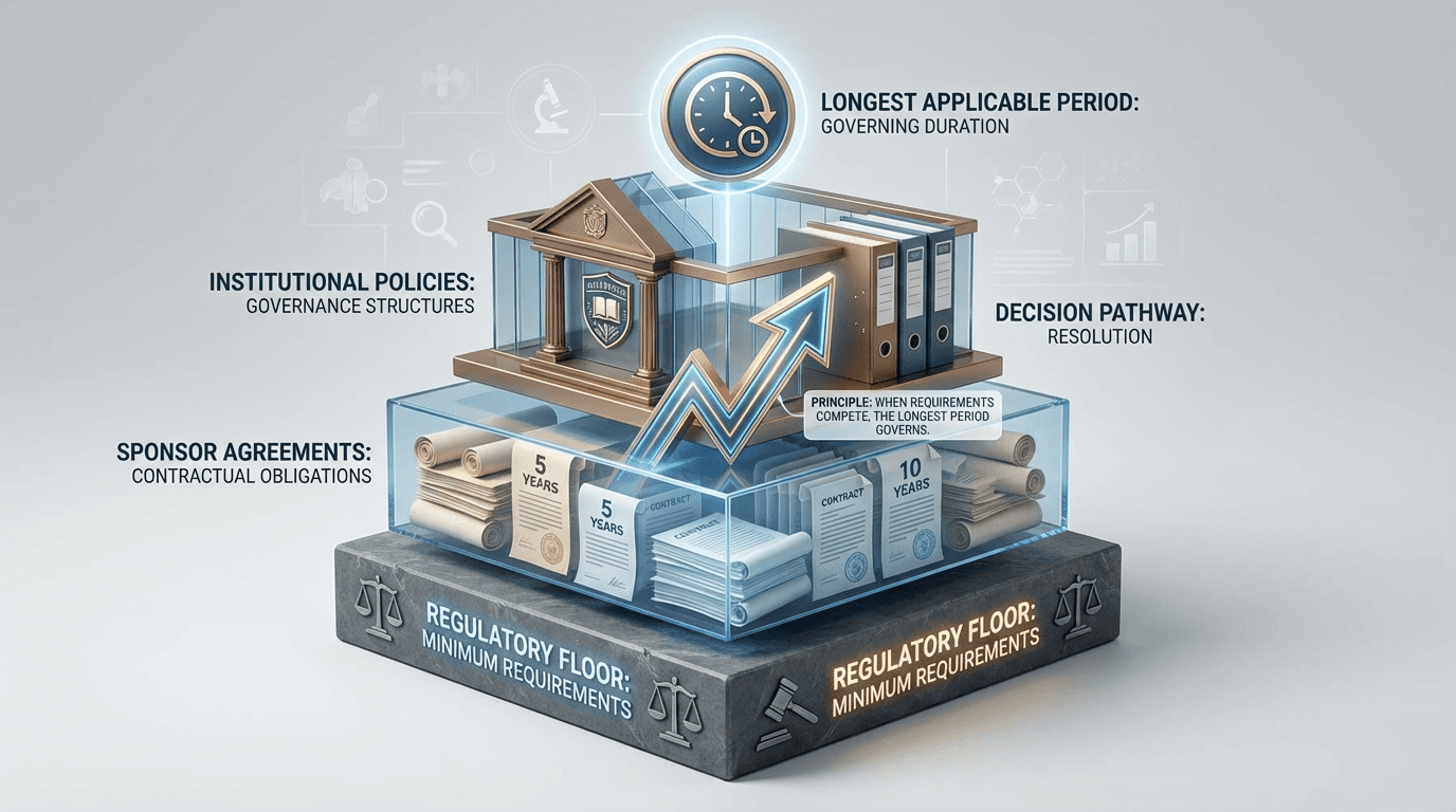 Conceptual illustration showing three layered retention period authorities -- regulatory, sponsor, and institutional -- with a decision pathway resolving conflicts by selecting the longest applicable period