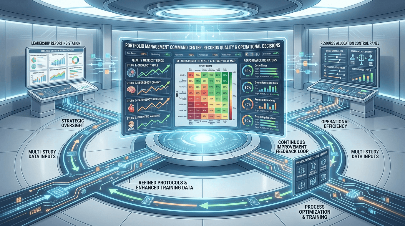 Conceptual illustration of a portfolio management dashboard where records quality metrics flow into three operational outputs: leadership reporting, resource allocation, and continuous improvement, with a feedback loop returning results to the dashboard