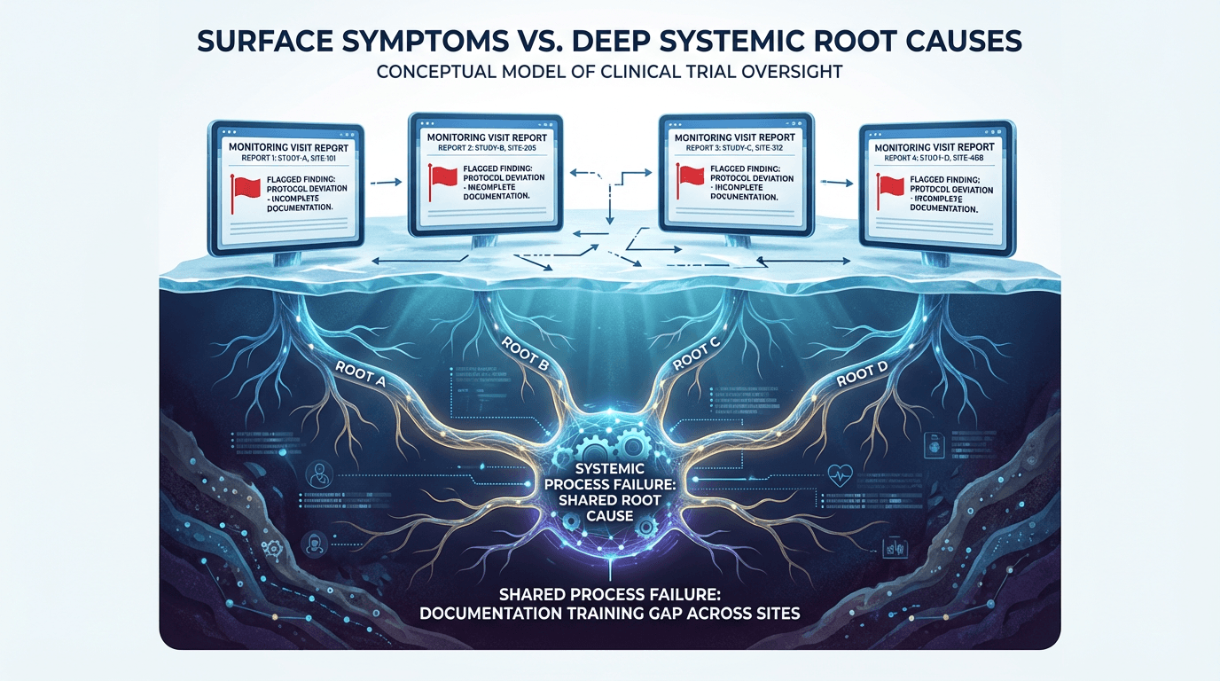 Conceptual illustration showing four apparently separate monitoring visit findings above the surface, with root structures converging below to reveal a single shared systemic process failure underneath