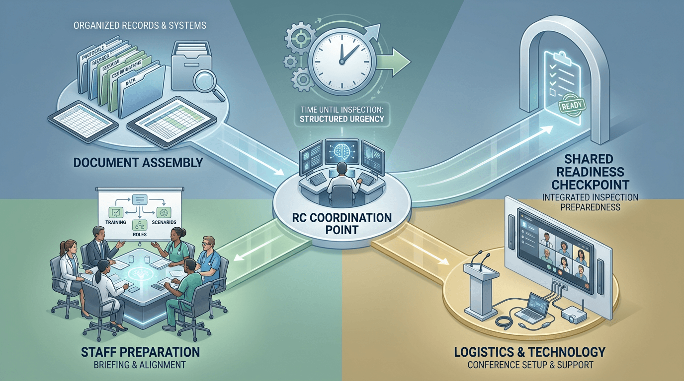 Conceptual illustration showing three parallel pre-inspection preparation workstreams -- document assembly, staff briefing, and logistics coordination -- diverging from a central coordination point and converging at a readiness checkpoint