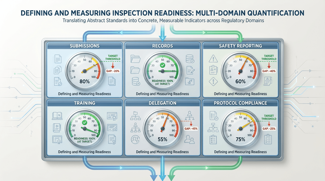 Conceptual illustration of six regulatory domains with measurement gauges showing varying readiness levels against defined target thresholds, conveying the gap between aspiration and operational reality