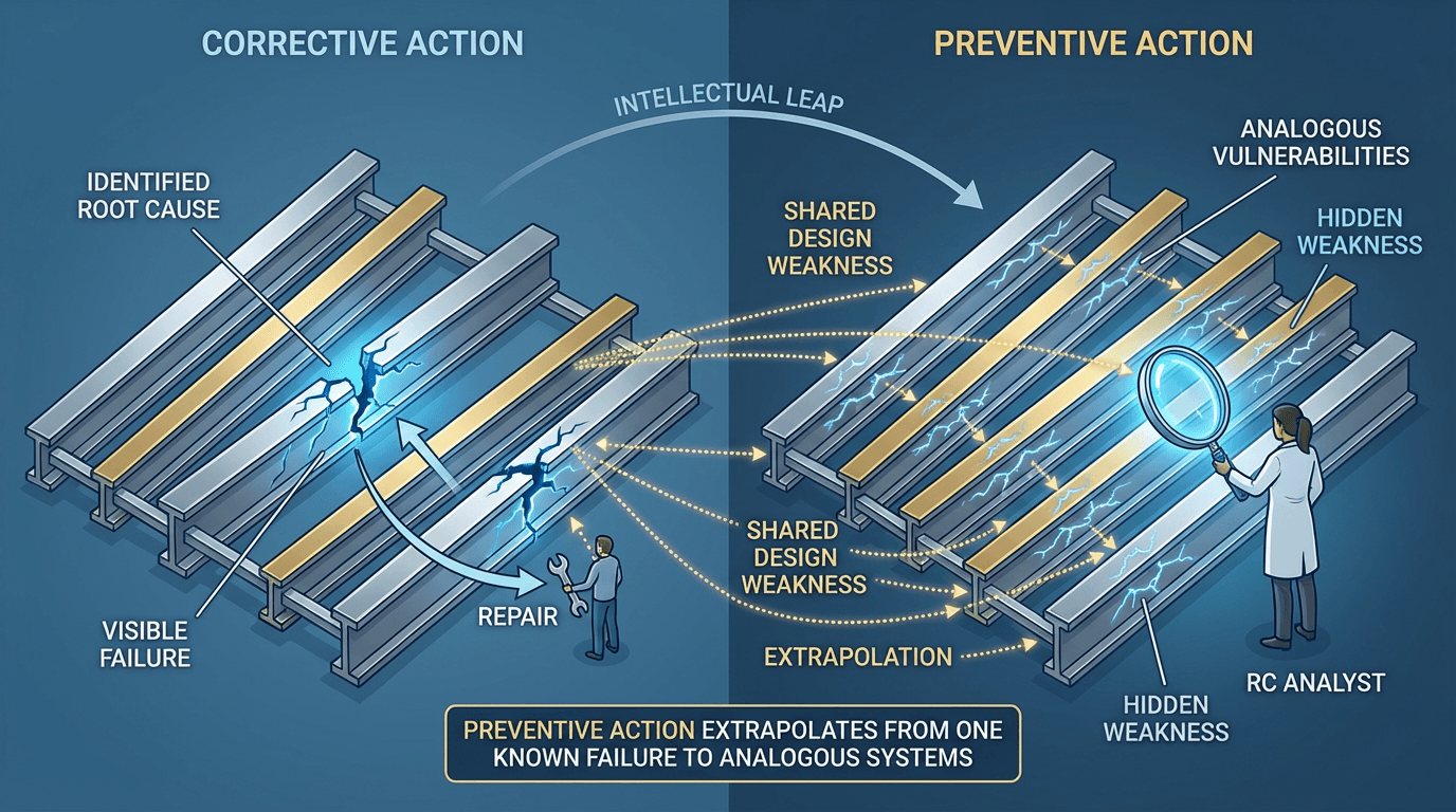 Conceptual illustration showing a structural framework where one beam has a visible crack (the identified finding) and an RC figure examines other beams with a diagnostic lens, discovering the same hidden design vulnerability before failure occurs