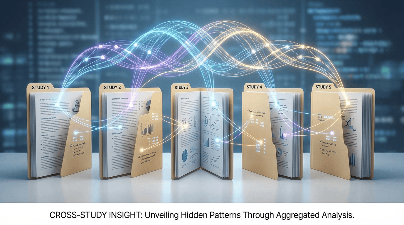 Conceptual illustration showing five clinical study folders arranged in a row, with a translucent analytical overlay revealing hidden connections between similar findings across studies -- patterns invisible within any individual study but unmistakable when viewed in aggregate