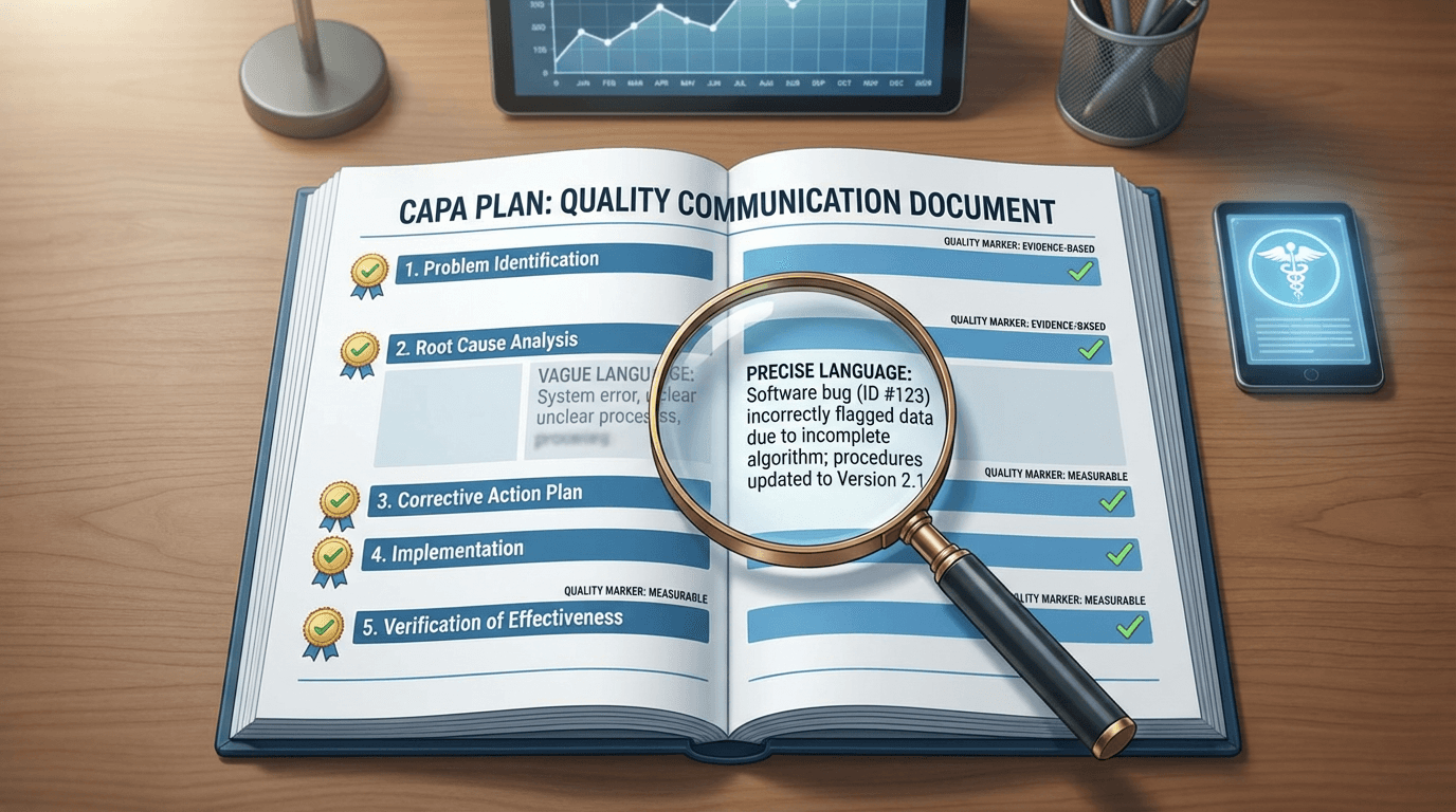 Conceptual illustration of a CAPA plan document on a desk with five distinct sections, a magnifying glass revealing the contrast between vague and precise language, conveying the document as a test of quality competence