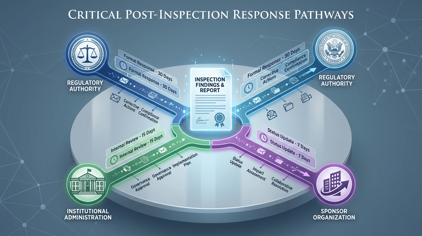 Conceptual illustration showing inspection findings at the center with three parallel response pathways extending toward a regulatory authority, institutional administration, and sponsor organization, each with distinct timeline and communication requirements