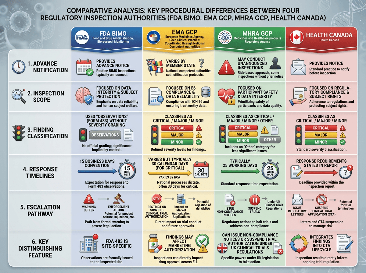 Infographic comparing FDA BIMO, EMA GCP, MHRA GCP, and Health Canada inspection procedures across six dimensions: advance notification, inspection scope, finding classification, response timelines, escalation pathways, and key distinguishing features