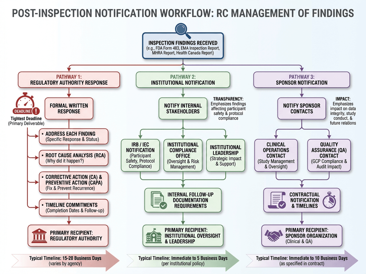 Flowchart showing three parallel post-inspection notification pathways: regulatory authority response with formal findings response, institutional notification to IRB and compliance office, and sponsor notification to clinical operations and quality assurance, each with distinct timelines and content requirements
