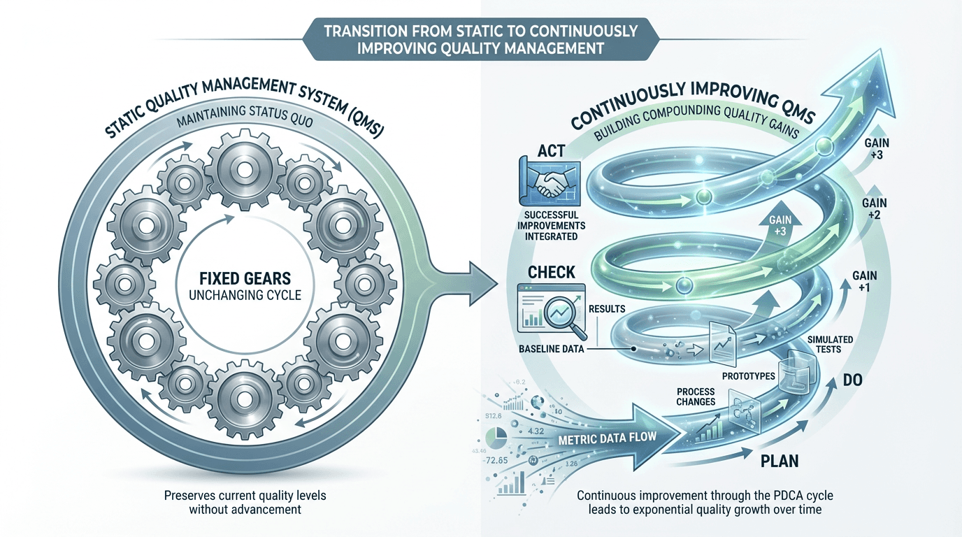 Conceptual illustration contrasting a flat circular QMS maintenance loop with an upward-spiraling PDCA cycle where metric data feeds into planning, changes are tested, results are evaluated, and improvements integrate into the QMS, with each revolution achieving higher quality than the last