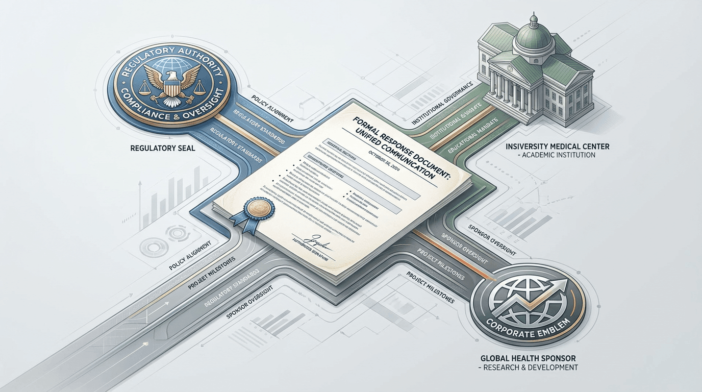 Conceptual illustration of a formal inspection response document branching toward three audiences -- regulatory authority, institution, and sponsor -- each pathway shaded to represent distinct expectations