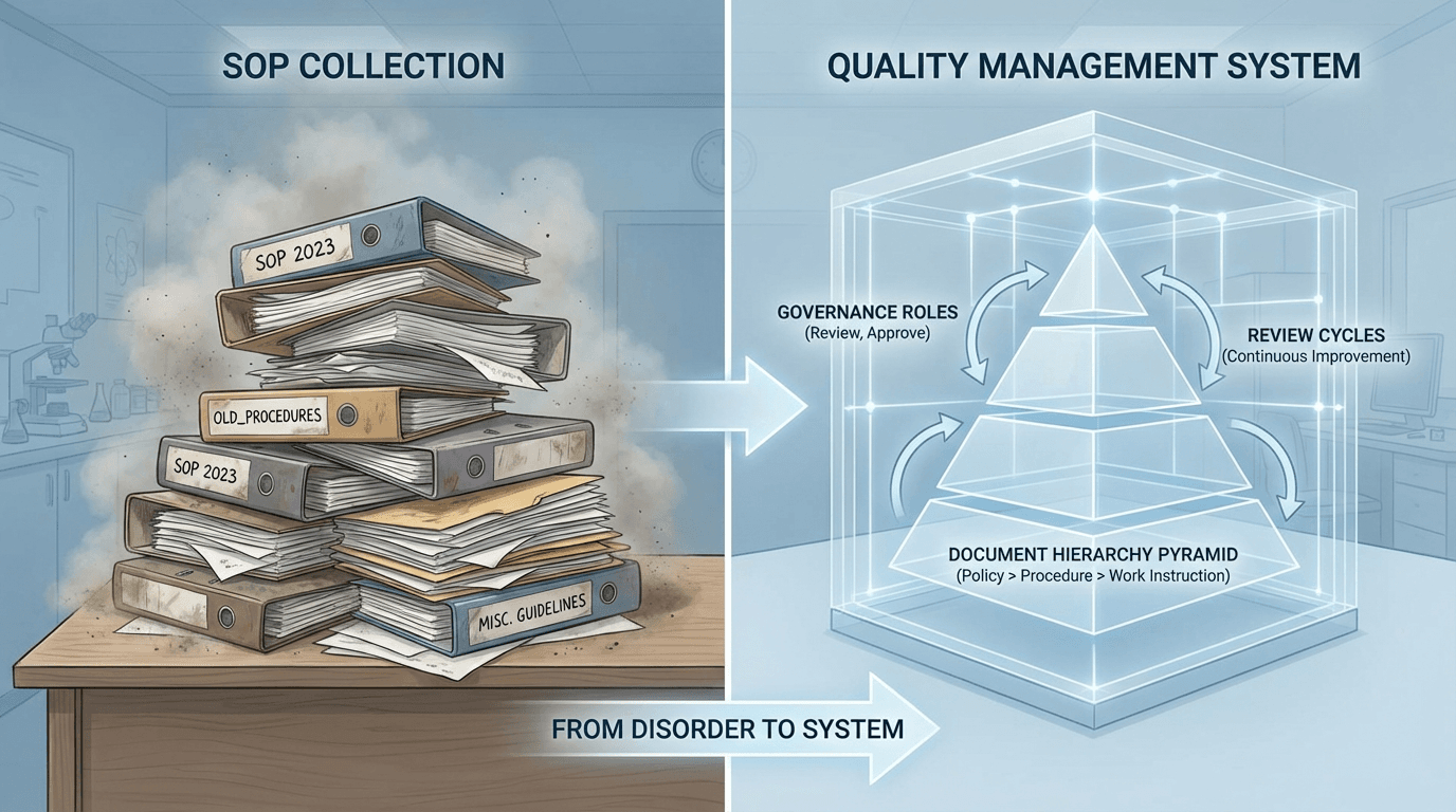 Conceptual illustration contrasting a disorganized collection of SOP binders with a structured quality management system architecture showing interconnected processes, a document hierarchy, governance roles, and review cycles