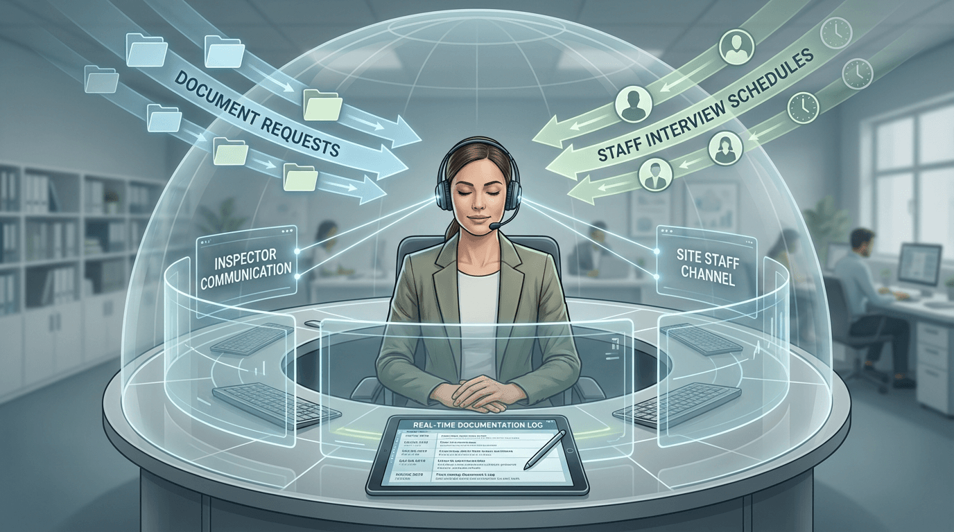 Conceptual illustration showing the RC as a central coordination point during a live inspection, managing document retrieval, staff scheduling, and real-time documentation in an atmosphere of structured composure