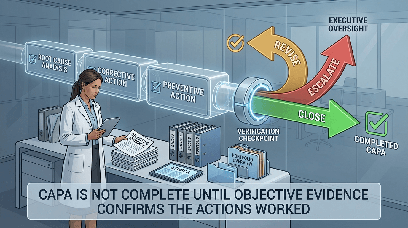 Conceptual illustration showing a regulatory coordinator at a CAPA verification checkpoint, examining objective evidence, with three outcome pathways diverging ahead: close, revise, or escalate