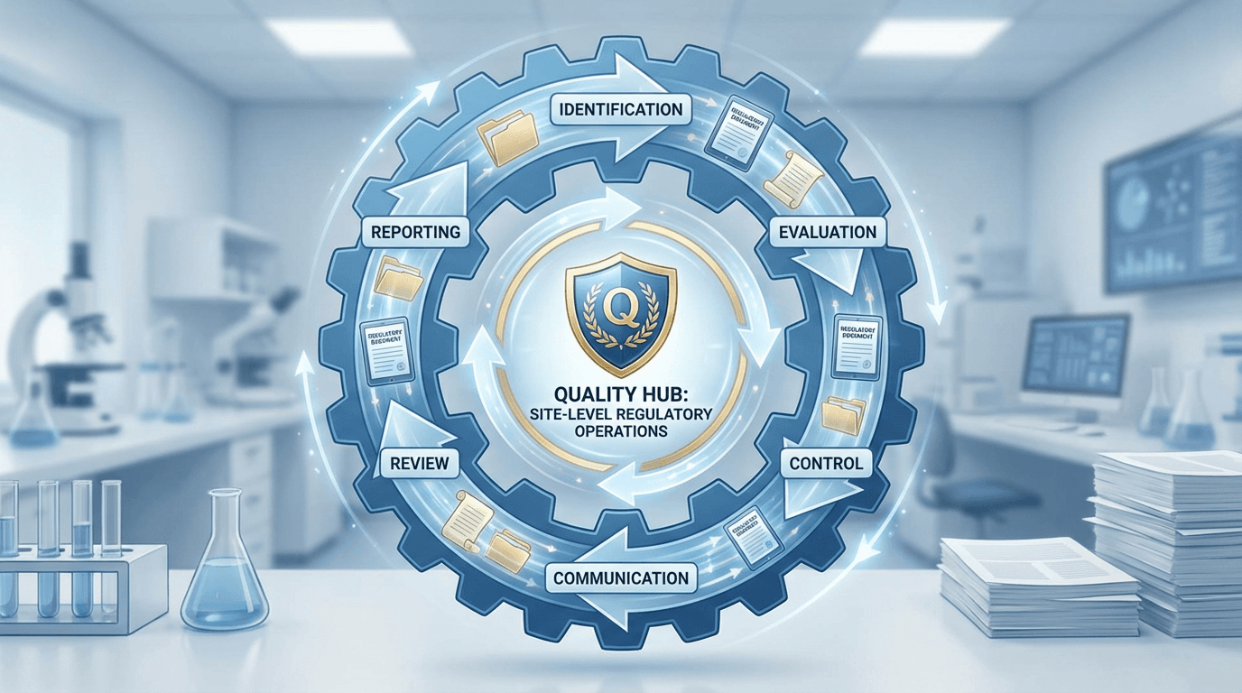 Conceptual illustration of a six-component quality management cycle for site-level regulatory operations, showing continuous flow through identification, evaluation, control, communication, review, and reporting