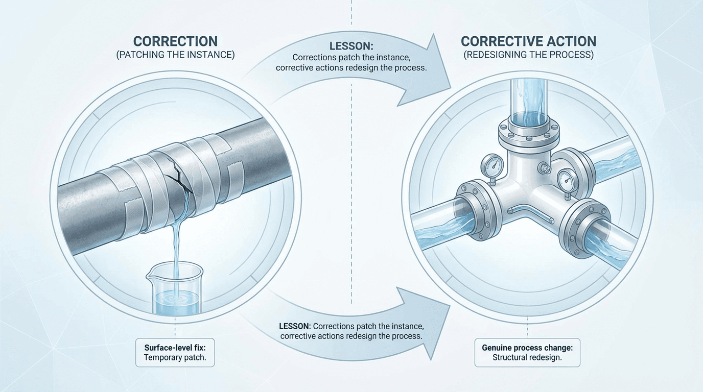 Conceptual illustration contrasting a patched pipe still leaking (representing a correction that fixes only the instance) with a fully redesigned pipe junction (representing a corrective action that changes the underlying process)