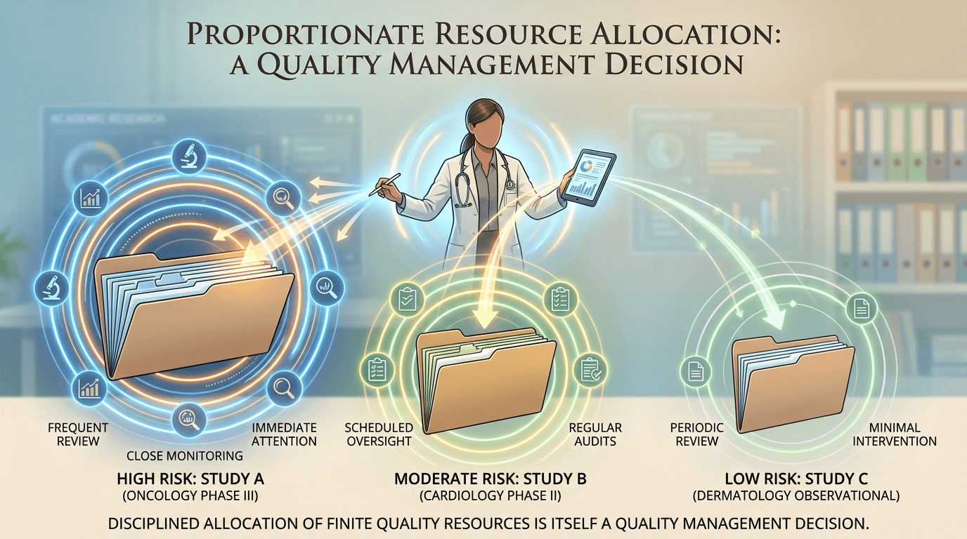 Conceptual illustration showing three clinical study folders of different sizes, each surrounded by proportionate concentric rings of oversight intensity -- the largest folder with dense rings of high oversight, the medium folder with moderate rings, and the smallest with sparse rings -- with a regulatory coordinator at the center directing resources proportionally