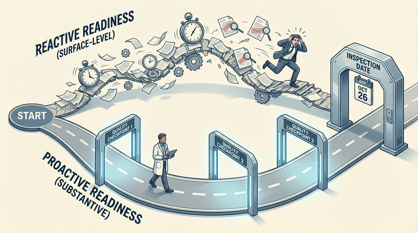 Conceptual illustration showing two diverging paths to an inspection: a chaotic reactive scramble versus a calm, checkpoint-driven continuous readiness approach