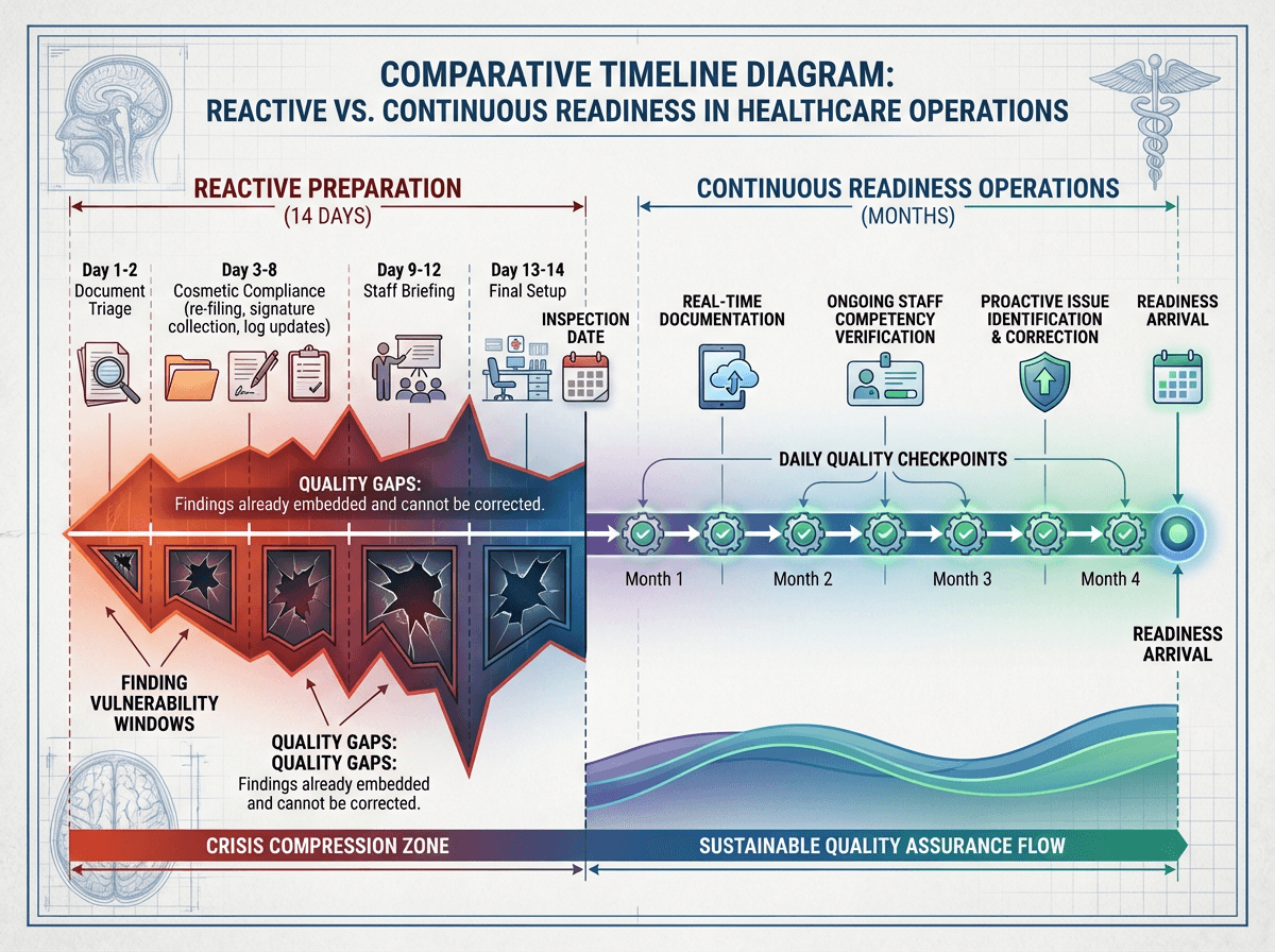 Comparative timeline diagram showing a 14-day reactive preparation scramble with vulnerability windows alongside a continuous readiness approach with regular quality checkpoints over months